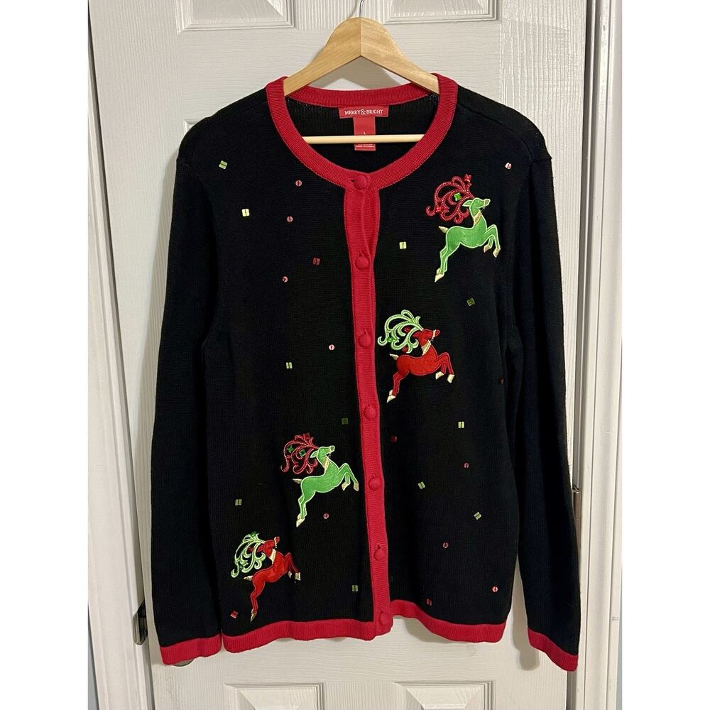 Vintage 1990’s Women’s Merry And Bright Christmas Reindeer Cardigan Sweater, Lg